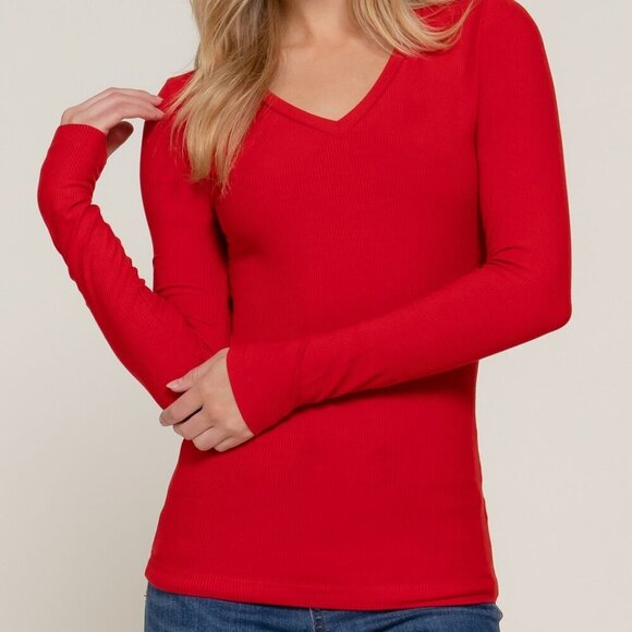 New Active Basic USA Juniors Long Sleeve V-neck Rayon Stretch Rib Knit Top - Picture 1 of 5